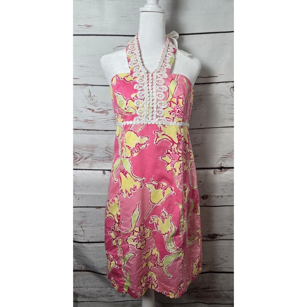 Lilly Pulitzer Womens Dress Size 8 Pink Yellow Floral Crochet Lace Trim Halter